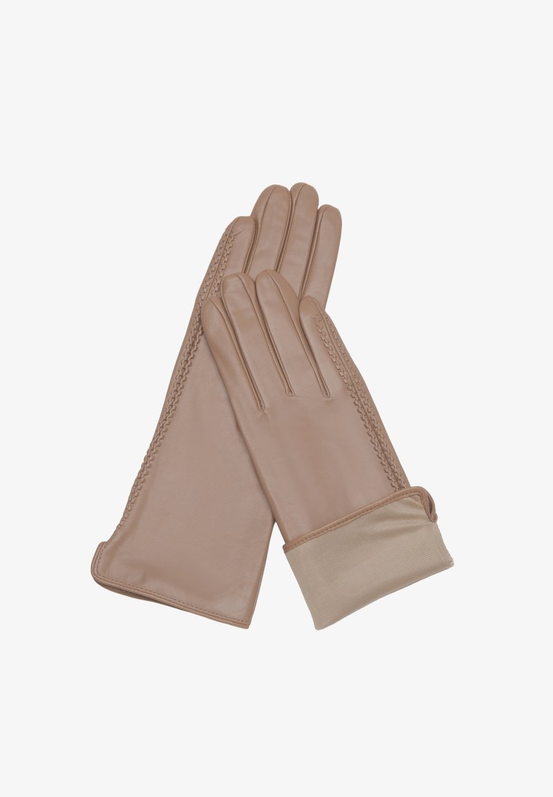 Tan leather gloves with stitched detailing and beige fabric cuffs, laid flat overlapping on a white background.