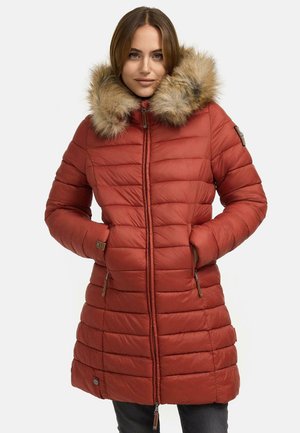 Red puffer jacket with a faux fur-trimmed hood, quilted design, and zippered pockets. Features a front zipper and a fitted silhouette.