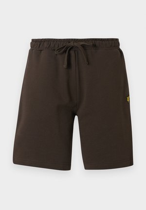 Tumedat pruunid vabaajashortsid elastse vöökohaga, paelaga ning väikese kollase logoga vasakul reiel.