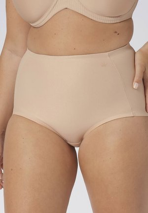 Nude high-waisted briefs made from smooth, stretchy fabric with a seamless design and subtle brand logo at the waistband.