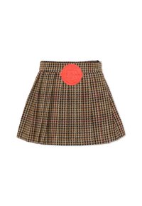Bruine geruite rok met plooien, voorzien van een oranje ronde riemgesp met gegraveerd design. Gemaakt van gestructureerde stof, knielang.