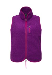 Lila Fleece-Weste mit hohem Kragen, kontrastierendem rosa Reißverschluss und Besatz, einer vorderen Reißverschlusstasche und einer weichen Textur.