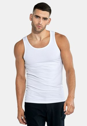 White cotton tank top with a round neckline and wide armholes, featuring a smooth texture and fitted design. No patterns or accents.