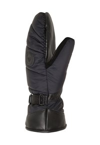 Czarna ocieplana rękawica z nylonową, pikowaną wierzchnią częścią i skórzaną dłonią. Wyposażona w pasek i klamrę zapewniające pewne dopasowanie.