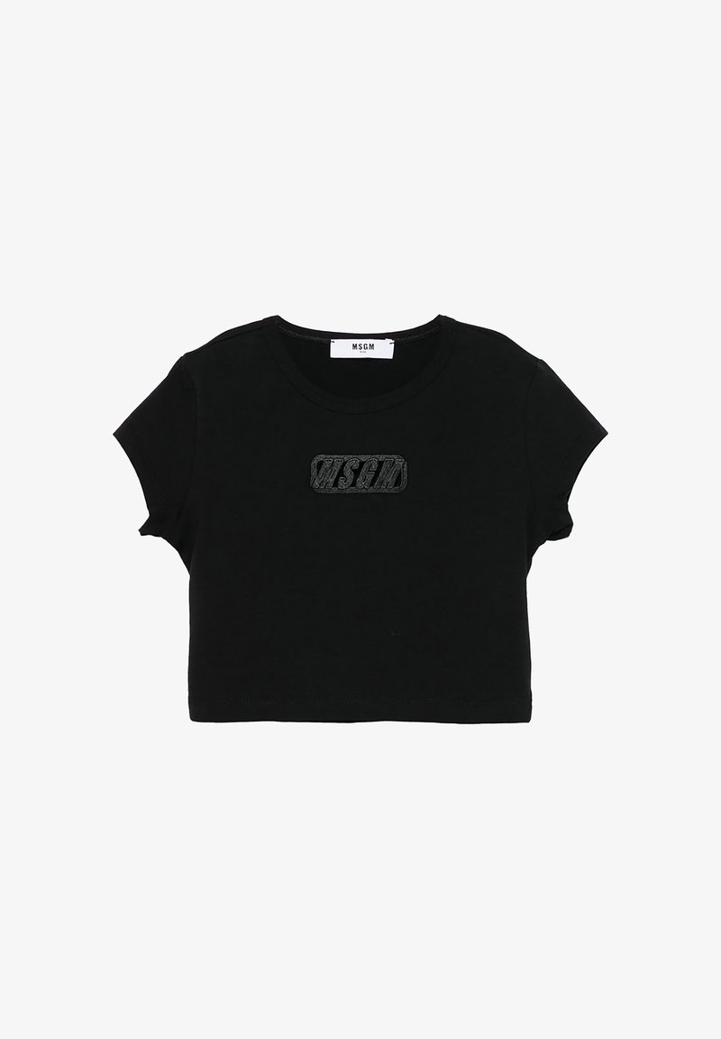 T-shirt nera corta con maniche corte, scollo rotondo e logo MSGM in rilievo sul petto.