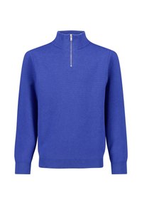 Blauwe pullovertrui met een hoge kraag, voorzien van een halve rits. Gemaakt van een glad gebreide stof met geribbelde manchetten en zoom.