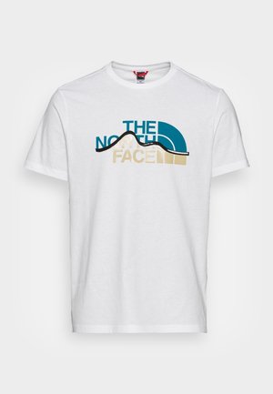 White cotton t-shirt featuring a graphic print with blue, black, and beige text and design elements from The North Face brand.