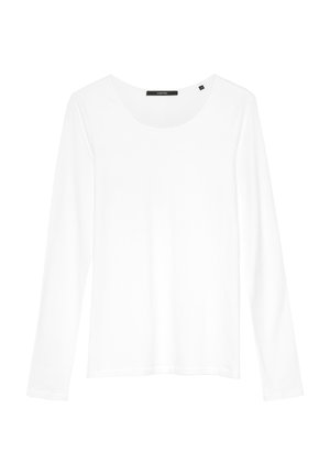 Wit T-shirt met lange mouwen, zachte katoenstof, ronde halslijn, rechte zoom, minimalistisch design, geen zichtbare patronen of versieringen.