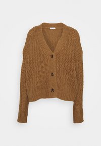 Brauner Strickcardigan mit V-Ausschnitt, langen Ärmeln und taillierter Passform. Verfügt über drei Knöpfe und ein strukturiertes Maschenmuster.