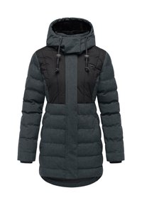 Zimní prošívaná bunda tmavě šedé barvy s černou horní částí, vybavená kapucí, zapínáním na zip a šňůrkami pro úpravu.