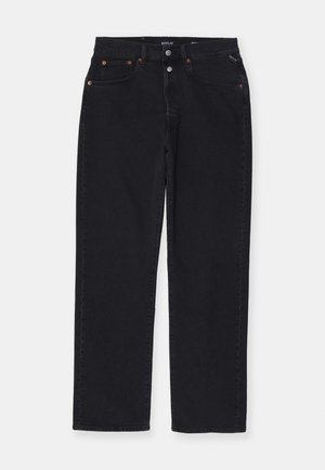 Svarta denimbyxor med rak passform, fem fickor, metallfästen och diskreta sömnadsdetaljer. Mjuk textur, minimalistisk design.