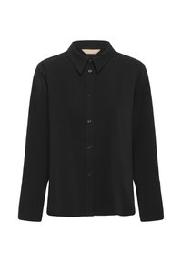 Juodas ilgomis rankovėmis marškinėliai su mygtukų užsegimu ir klasikinio kirpimo apykakle. Pagaminti iš lygaus audinio, su laisvu kirpimu ir subtiliu blizgesiu.