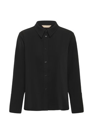 Juodas ilgomis rankovėmis marškinėliai su mygtukų užsegimu ir klasikinio kirpimo apykakle. Pagaminti iš lygaus audinio, su laisvu kirpimu ir subtiliu blizgesiu.