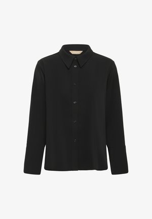 Cămașă neagră cu mânecă lungă, cu închidere cu nasturi în față și guler clasic. Confecționată dintr-un material neted, cu o croială lejeră și un luciu subtil.