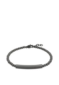 Bracciale con perle grigie scure e una piastra metallica rettangolare e liscia con incisione "JOOP!". Include una chiusura a gancetto.