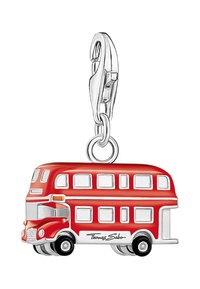 Ciondolo a forma di bus a due piani rosso con dettagli argentati, ruote nere e una chiusura d'argento per attaccarlo a braccialetti o accessori.