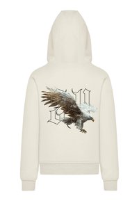 Kapuzensweatshirt in hellem Creme mit einem Rückendruck eines Adlers und stilisiertem "W." Verfügt über gerippte Bündchen und Saum sowie eine weiche Stofftextur.