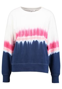 Sweatshirt à col ras du cou à manches longues, présentant un motif tie-dye horizontal en bleu, rose et blanc.