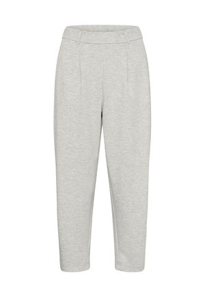 Light grey, soft fabric trousers with a tapered fit. Features a smooth waistband and front pleats, with no visible seams or pockets.