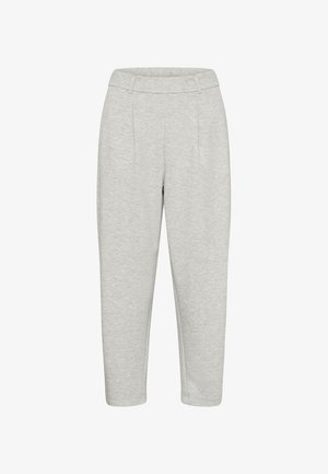 Light grey, soft fabric trousers with a tapered fit. Features a smooth waistband and front pleats, with no visible seams or pockets.