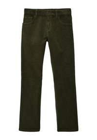 Pantalon en velours côtelé vert olive avec une coupe droite, équipé de passants pour ceinture, de poches avant et d'une fermeture boutonnée à la taille.