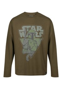 Maglietta a maniche lunghe verde oliva con una grafica di un personaggio con elmo tratto da Star Wars, con il testo "Star Wars" sopra in caratteri in grassetto.