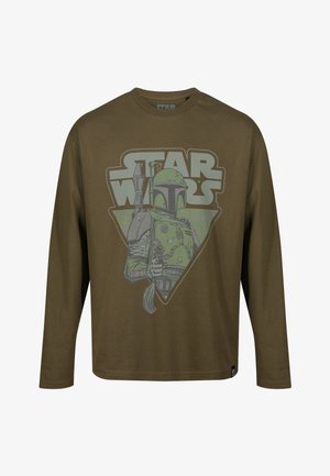 Oliwkowa, długorękawowa koszulka z grafiką postaci oraz napisem "STAR WARS" w białym i zielonym kolorze. Swobodny, luźny krój.