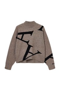 Maglione marrone lavorato a maglia con colletto alto, caratterizzato da un motivo geometrico nero a contrasto. Vestibilità morbida con polsini e orlo a coste.