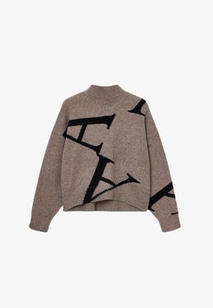 Brauner gestrickter Pullover mit hohem Kragen, der ein kontrastierendes schwarzes geometrisches Muster aufweist. Lässig geschnitten mit gerippten Bündchen und Saum.