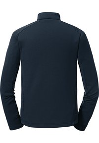 Marineblaues Fleece-Jackett mit Stehkragen und langen Ärmeln. Texturiertes Material mit flachen Nähten und ohne sichtbare Logos oder Grafiken.