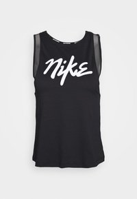 Débardeur noir sans manches Nike avec un col rond, présentant un grand logo blanc sur le devant et des accents en maille sur les épaules.