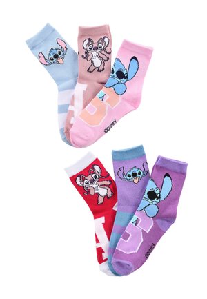 Cotton blend socks in assorted colors: blue, pink, red, and lavender. Featuring "Stitch" and "Angel" cartoon characters with patterns and letters.