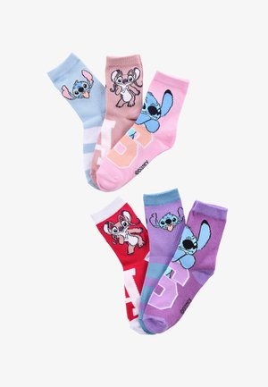 Baumwollmischung Socken in verschiedenen Farben: Blau, Pink, Rot und Lavendel. Mit den Cartoonfiguren "Stitch" und "Angel" sowie Mustern und Buchstaben.