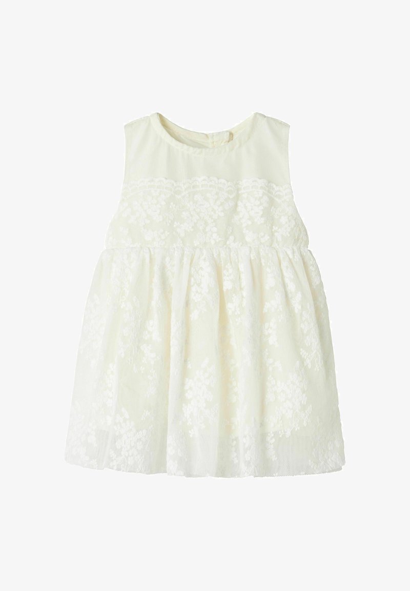 Spitzenkleid in Elfenbein mit ärmellosem, rundem Ausschnitt und schwingendem Rock. Mit floralen Mustern und einer weichen, strukturierten Oberfläche.