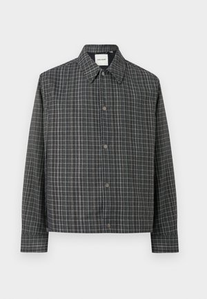 Μαύρο και γκρι καρό σακάκι με κουμπιά, με γιακά και μακριά μανίκια, διαθέτει ευθεία κάτω ραφή και μεταλλικά κουμπιά κλικ.