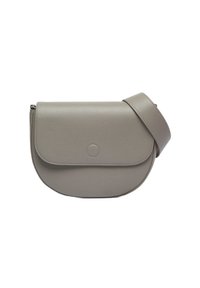 Graue Leder-Schultertasche mit abgerundeter Form, Klappenverschluss und gestepptem Akzent. Verfügt über einen schmalen Schulterriemen für bequemes Tragen.