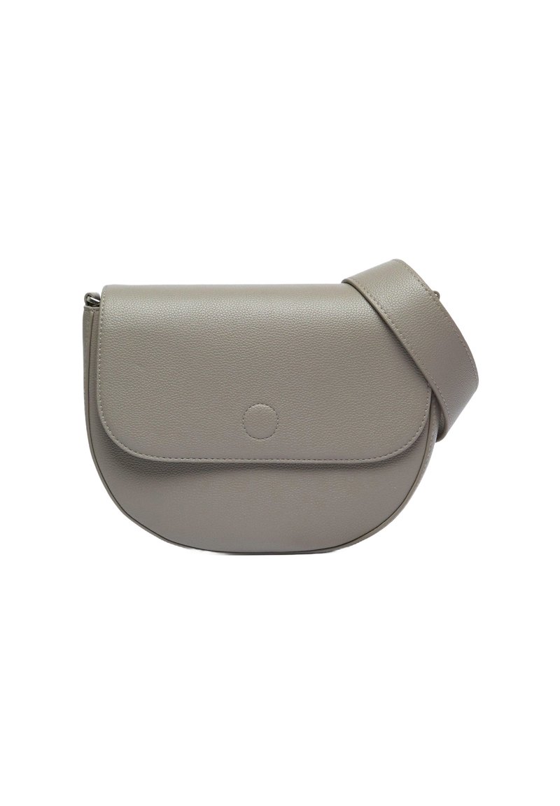 Graue Leder-Schultertasche mit abgerundeter Form, Klappenverschluss und gestepptem Akzent. Verfügt über einen schmalen Schulterriemen für bequemes Tragen.