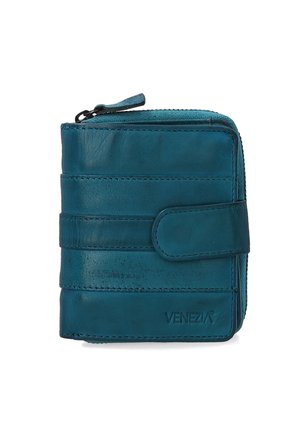 Portfel z miękkiej skóry w kolorze morskim, wyposażony w zamek błyskawiczny, zakładany pasek i poziome przeszycia. Na przodzie znajduje się tłoczona nazwa marki „VENEZIA”.
