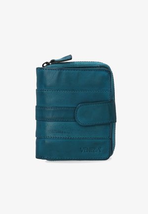 Turkooizen leren portemonnee met ritssluiting, een overlappende band en horizontale stiksels. De merknaam "VENEZIA" is in het vooraanzicht geperst.