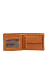 Portafoglio bifold in pelle marrone aperto, con slot per ID trasparente a sinistra e tasca per monete con pattina a destra.