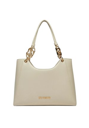 Borsa a tracolla in ecopelle beige con un design strutturato. Presenta dettagli in metallo dorato e una placca con il marchio sul davanti. Doppi manici con link decorativi.