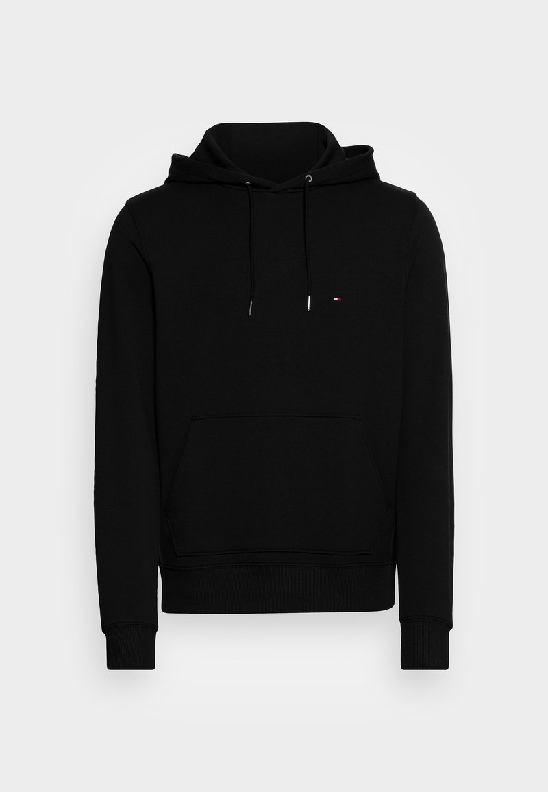 Sweat à capuche noir, style pull-over, avec poche kangourou avant, capuche avec cordon, poignets et ourlet côtelés, petit logo sur la poitrine gauche.
