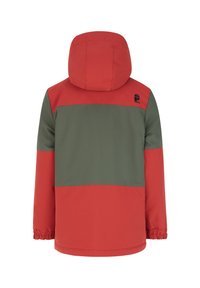 Rote und grüne wasserdichte Jacke mit Kapuze. Verfügt über elastische Bündchen und einen geraden Saum. Logo im oberen Rückenbereich in Schwarz.