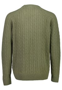 Olijfgroene kabelgebreide trui met geribde manchetten en zoom, met een gestructureerd patroon en een casual ontwerp. Geschikt voor het dragen in lagen.