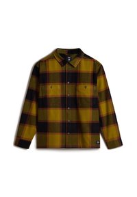Camicia a maniche lunghe a quadri con motivo check giallo, nero e bordeaux; presenta colletto con bottoni e due tasche frontali con bottoni.