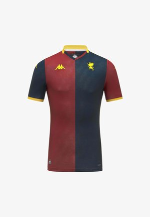 Maillot de football divisé verticalement avec le côté gauche rouge foncé et le côté droit bleu marine, bordure jaune, et logos de lion et de marque sur la poitrine.