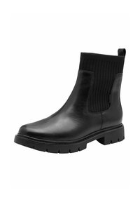 Botte cheville en cuir noir avec des côtés élastiques nervurés, une languette et une semelle en caoutchouc épaisse pour une meilleure adhérence et durabilité.