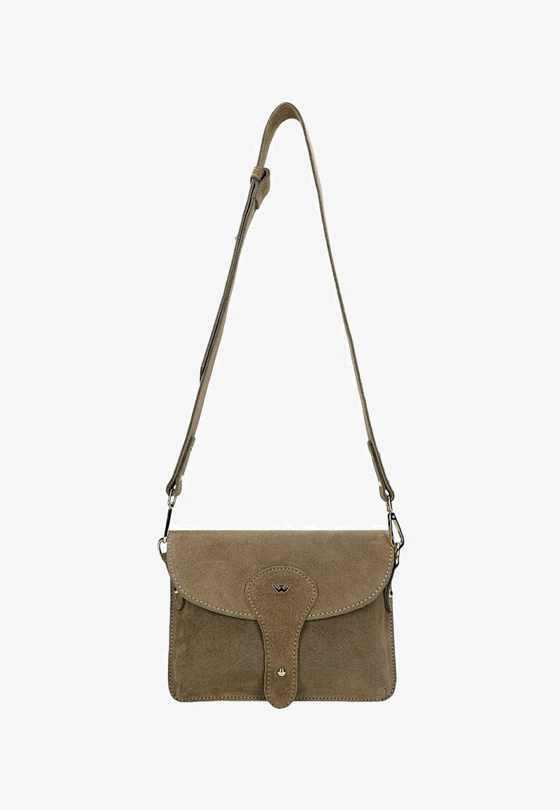 Lichtbruine suède crossbodytas met verstelbare riem, klepsluiting en klein metalen logo in het midden aan de voorkant.