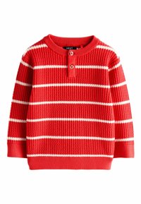 Roter Pullover aus einem strukturierten, gerippten Stoff mit horizontalen weißen Streifen. Verfügt über einen Henley-Ausschnitt mit Knöpfen und lange Ärmel.