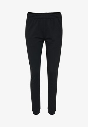Pantaloni jogger neri con vita elastica, vestibilità affusolata e polsini a coste. Realizzati in un tessuto liscio ed elastico adatto per l'abbigliamento casual.